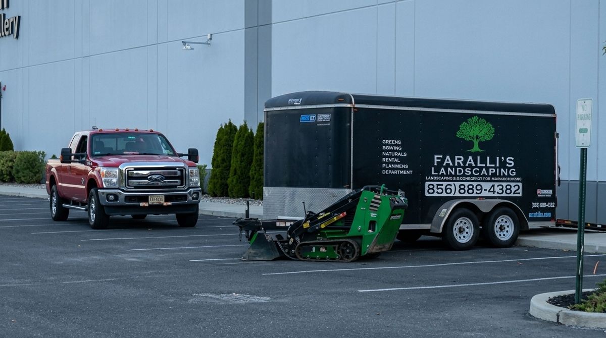 Faralli&rsquo;s Landscaping branded trailer, red pickup and compact loader on a job site